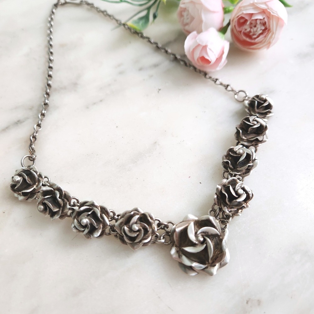 Vintage TD-62 Mexico Sterling Silver 925 Graduated Rose Floral Necklace Taxco